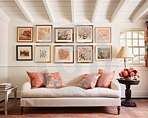 Living room gallery wall, home decor and wall art, framed art in the English country cottage interior, room for diy