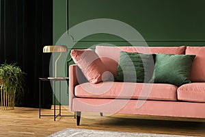 Living room glamour design, pink and green interior