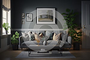 Living room with a gray sofa