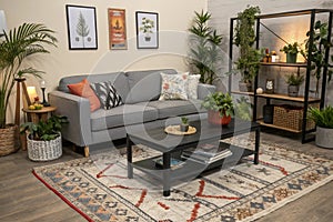 Living room with gray sofa and patterned rug