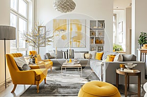 a living room with gray and yellow furniture
