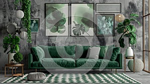 A living room with a green sofa and matching decor, presented against a transparent background in a 3D rendering