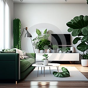 Living room with green sofa and plants. 3d rendering, 3d illustration. AI Generated