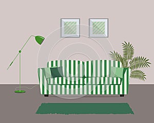 Living room with a green striped sofa