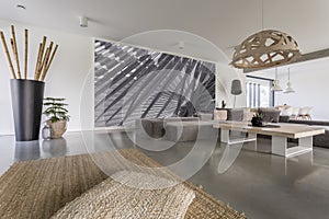 Living room with grey mural photo