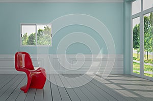 The living room has a beautiful red chair and blue wall, 3D Render Image