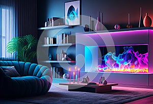 A living room with a holographic fireplace and floating shelves, generative ai illustration