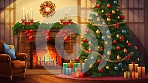 Living room home interior with decorated fireplace and christmas tree. ai generative