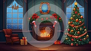 Living room home interior with decorated fireplace and christmas tree. ai generative