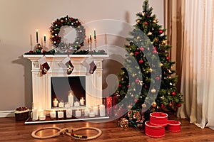 Living room home interior with decorated fireplace and christmas tree. Christmas warm cozy interior room, in anticipation of the h