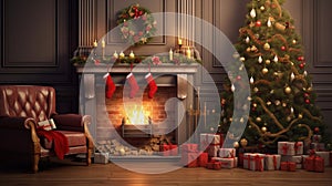 Living room home interior with decorated fireplace and christmas tree, vintage style. Christmas Holidays. Christmas Card