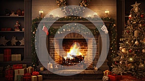 Living room home interior with decorated fireplace and christmas tree, vintage style. Christmas Holidays. Christmas Card