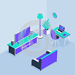 Living room home office with sofa tv and workspace with isometric style