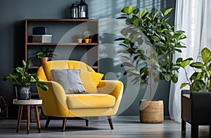 living room and home office with yellow chair, blue couch and grey tree