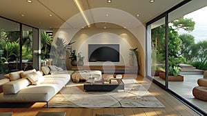 Living room in a house with a couch, table, TV, and sliding glass doors