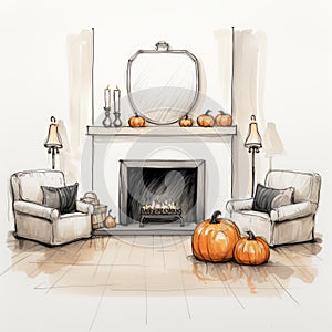 Halloween-inspired Interior Design Sketch With Fireplace And Pumpkins photo