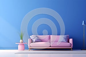 Living room inside a house with a pink sofa and bright blue walls by Generative AI