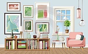 Living room interior with an armchair, a shelving, and paintings on the wall. Modern living room interior design