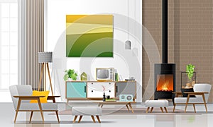 Living room interior background with fireplace and furniture in modern retro style