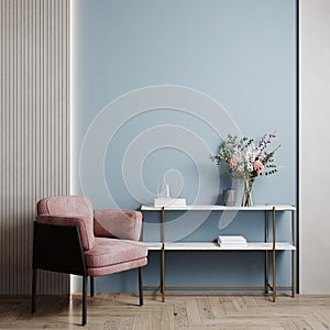 living room interior background with pink armchair and stylish furniture, empty blue wall mock up, 3d rendering