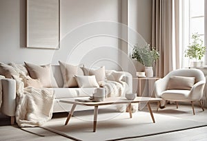Living room interior with beige sofa, coffee table and coffee table.