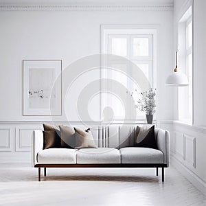 living room interior with big window, sofa, pictures and houseplants