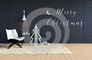 Living room interior with black wall and white Christmas tree and Merry Christmas word on wall for Christmas holiday