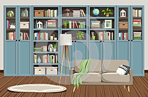 Living room interior with blue bookcases and a sofa. Scandinavian interior design. Cartoon vector illustration photo