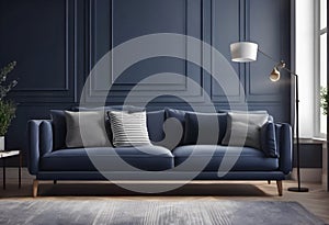 Living room interior with blue sofa, coffee table and lamp.