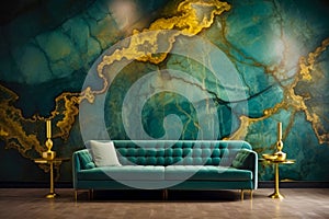 Living room interior with blue sofa and gold coffee table. 3D rendering Wallpaper on the wall with gold-green abstraction.