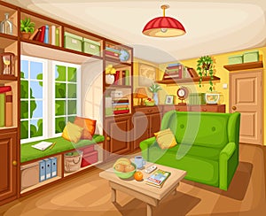 Living room interior with bookcase, sofa and table. Vector illustration.