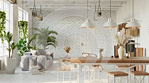 Living room interior with brick wall. loft, industrial style, 3d render