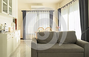 Living room interior with brown sofa, table and big window in luxury house