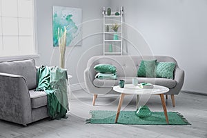 Room interior with comfortable armchair and sofa. Mint color decors