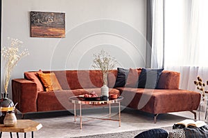 Living room interior with comfortable sofa, real photo