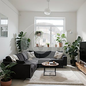 Living room interior Comfortable sofa TV window chair and house plants flat style illustration