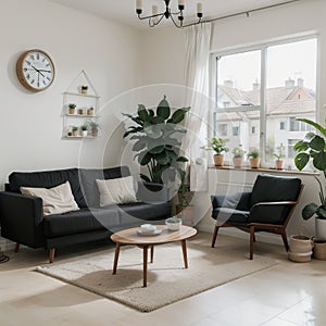 Living room interior Comfortable sofa TV window chair and house plants flat style illustration