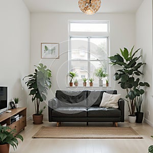 Living room interior Comfortable sofa TV window chair and house plants flat style illustration