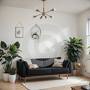 Living room interior Comfortable sofa TV window chair and house plants flat style illustration