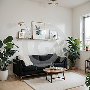 Living room interior Comfortable sofa TV window chair and house plants flat style illustration