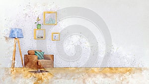 Living room interior with copy space in watercolor