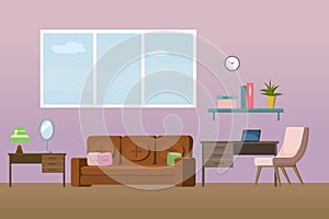 Living room interior. Cozy room design sofa, bookshelf, window, chair, table with laptop and home accessories. Vector