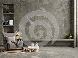 Living room interior with dark brown armchair in loft style house on concrete wall background