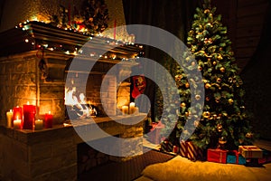 Living room interior with decorated fireplace and christmas tree