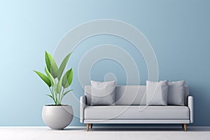 Living room interior design 3D illustration with blue empty wall, gray sofa and indoor plants, minimal scandinavian style.