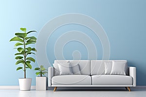 Living room interior design 3D illustration with blue empty wall, gray sofa and indoor plants, minimal scandinavian style.
