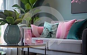Living room interior design in barbiecolor style using trendy pink color. Generative AI