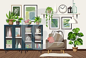 Living room interior design with bookcases, an armchair, a bookshelf, and houseplants. Cartoon vector illustration photo