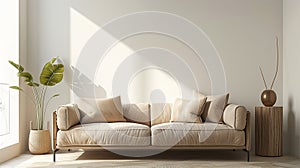 Living room interior design with cozy beige couch, modern minimalist design of apartment. Scandinavian nordic style, for text