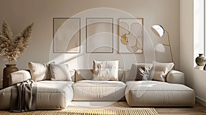 Living room interior design with cozy beige couch, modern minimalist design of apartment. Scandinavian nordic style, for text